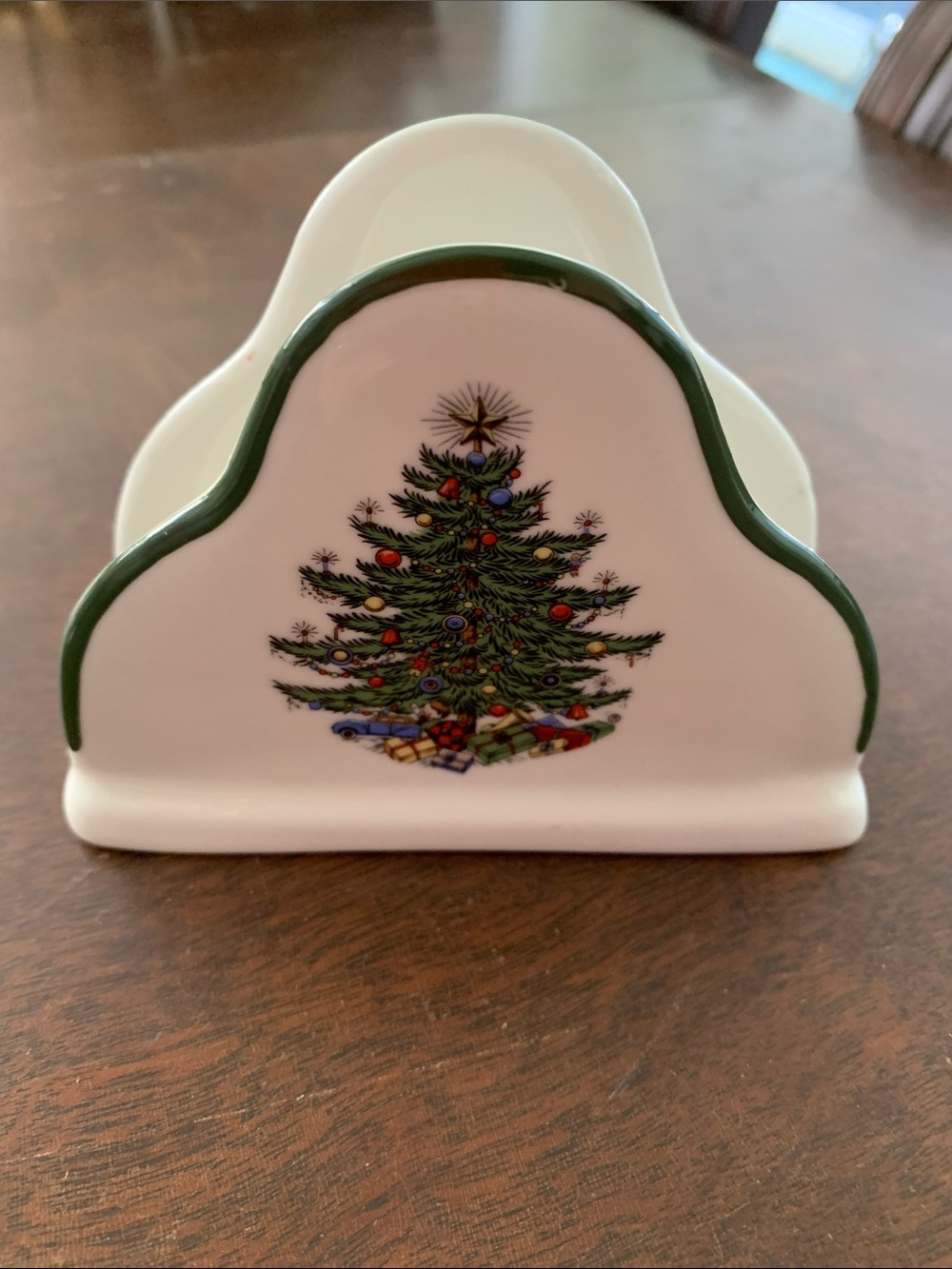 Cuthbertson Ceramic Napkin Holder with Christmas Tree Design - Green Trim